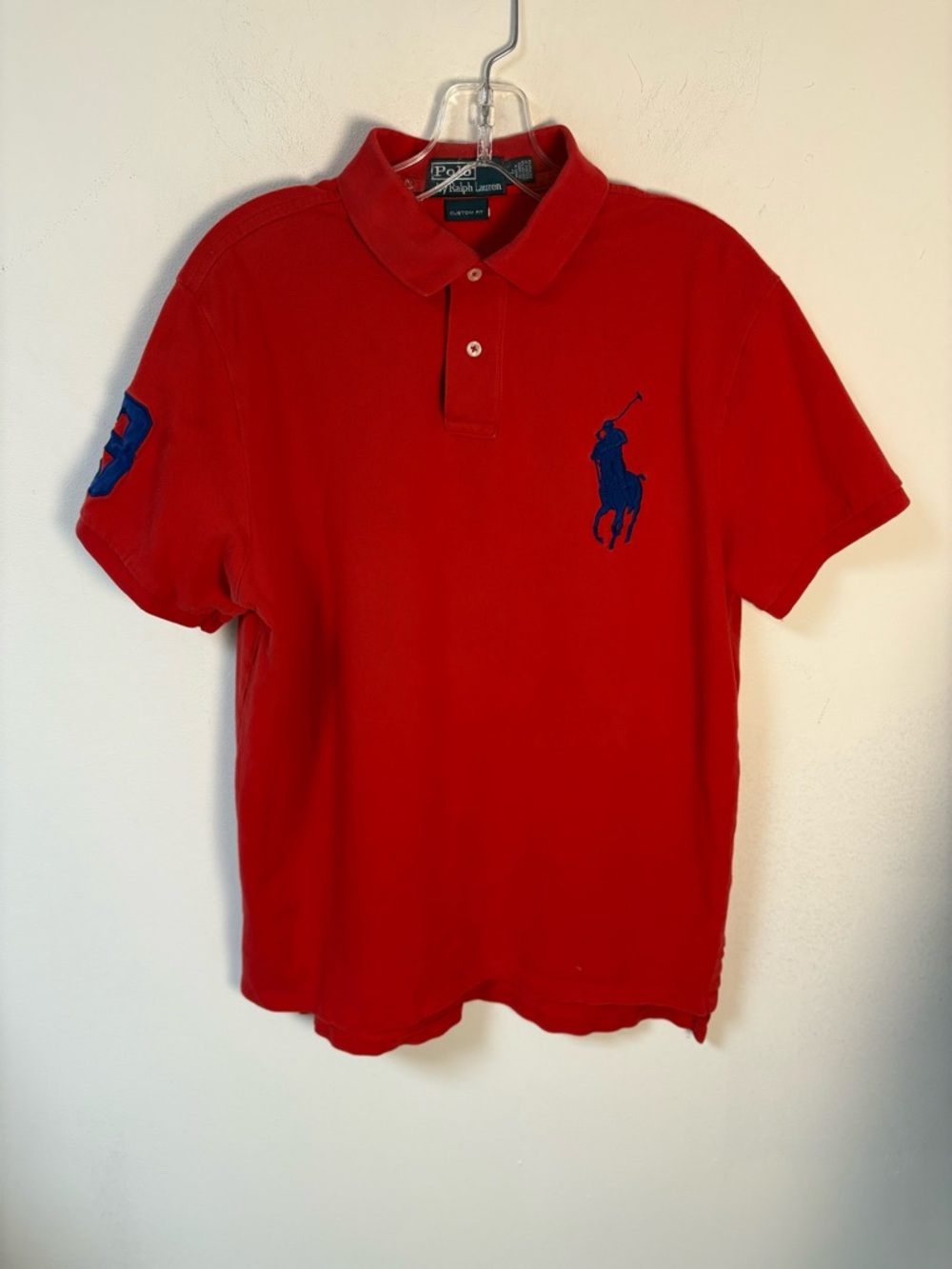 Ralph Lauren Red Polo with Blue Pony Embroidery Custom Fit Cotton Large